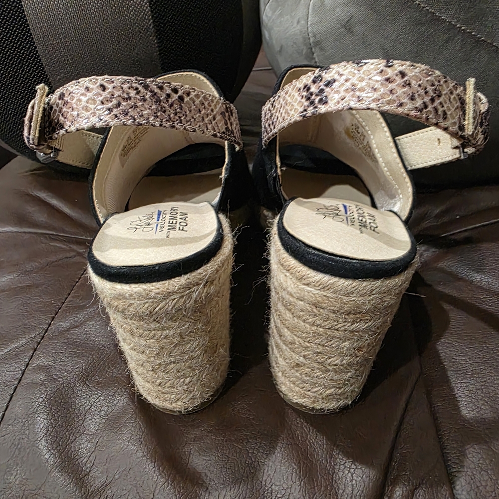 Life Stride Black Suede Wedge Sandals with Snake-Print Strap - Picture 4 of 6